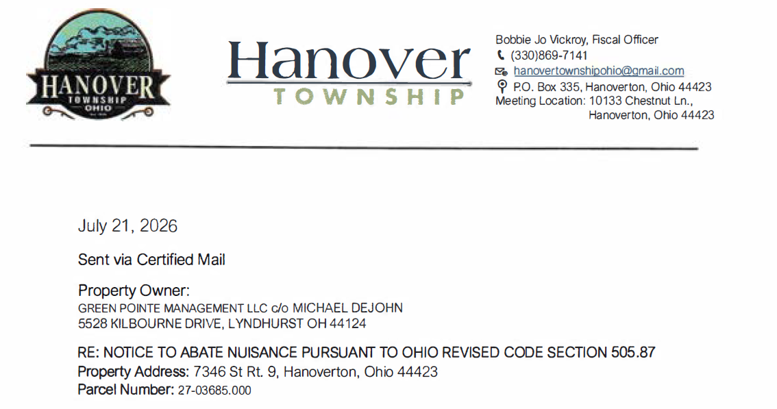 Notice to abate nuisance pursuant to Ohio revised code section 505.87